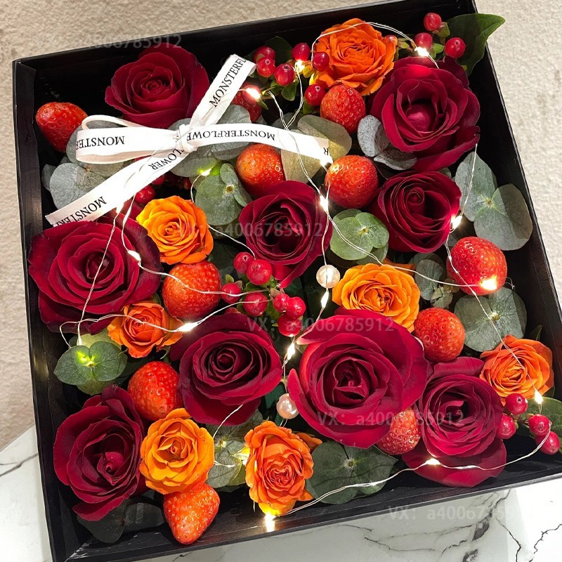【心想事成】9朵红玫瑰花9颗草莓混搭礼盒生日鲜花水果礼盒草莓花送爱人朋友花店送花上门