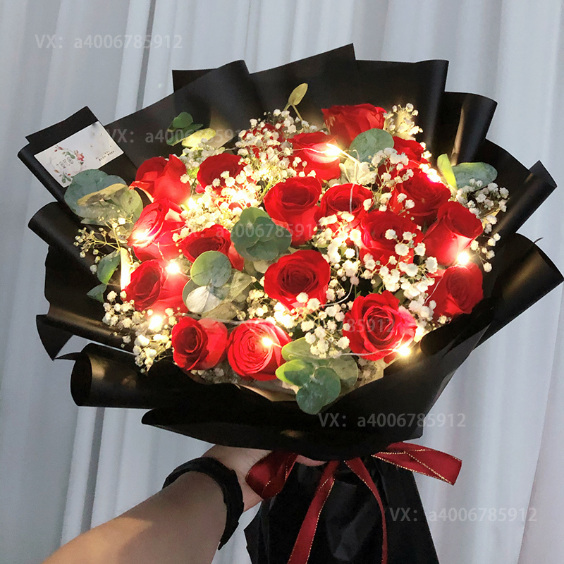 红玫瑰19朵【此情不渝】送女友生日鲜花表白花束惊喜礼物花店送花上门情人节鲜花送串灯