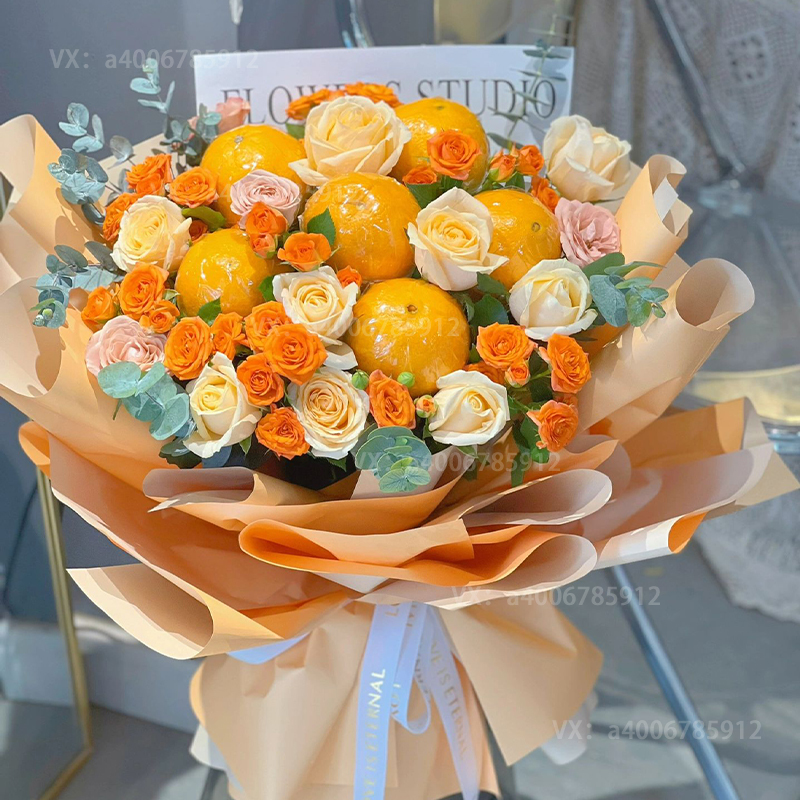 【橙心诚意】花店鲜花配送水果花束鲜花免费配送6个橙子混搭玫瑰花束生日花束生日礼物创意网红花