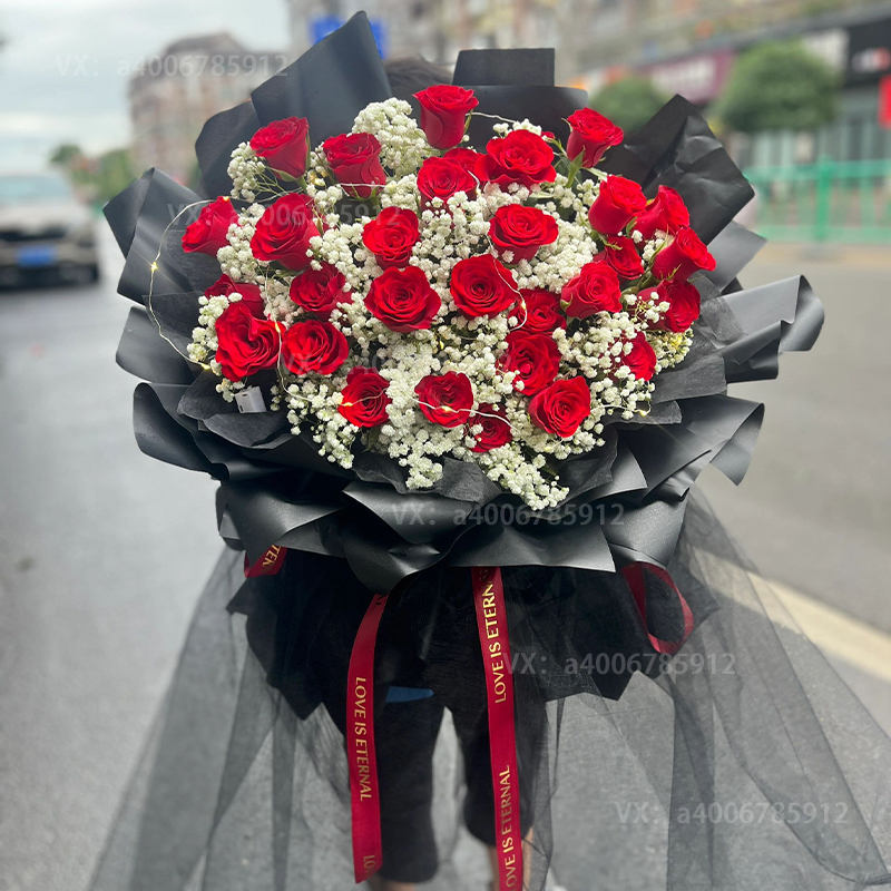 【热忱】花店鲜花配送33朵红玫瑰满天星花束送女友送老婆生日花束纪念日花束生日礼物鲜花配送