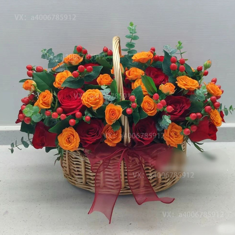 【火红日子】花店鲜花配送红玫瑰混搭橙色芭比手提花篮1个送父母送长辈送领导生日礼物生日鲜花