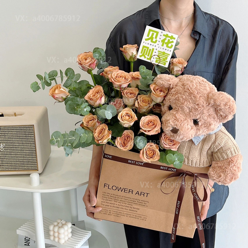 【掉入童话】19朵卡布奇诺玫瑰花束+泰迪熊花束送女友生日礼物生日花束花店送花上门