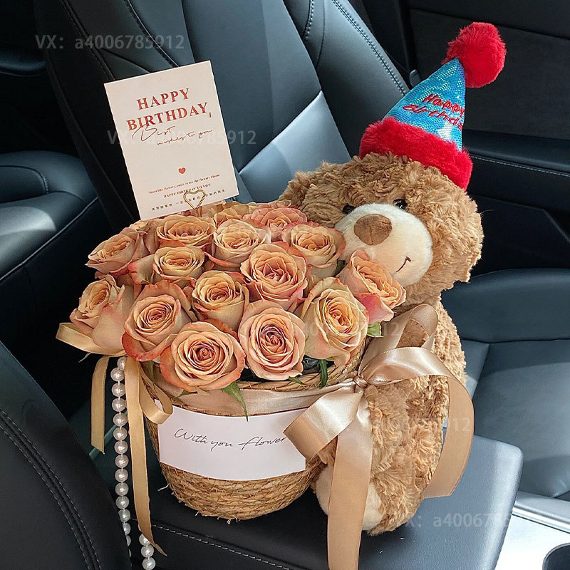 【生日快乐❤】生日小熊抱抱桶花束卡布奇诺玫瑰19朵生日帽小熊生日礼物生日花束送礼物袋