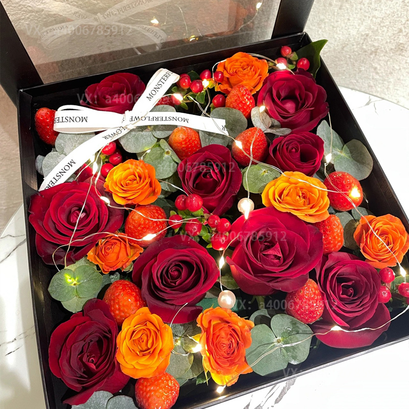 【心想事成】9朵红玫瑰花9颗草莓混搭礼盒生日鲜花水果礼盒草莓花送爱人朋友花店送花上门