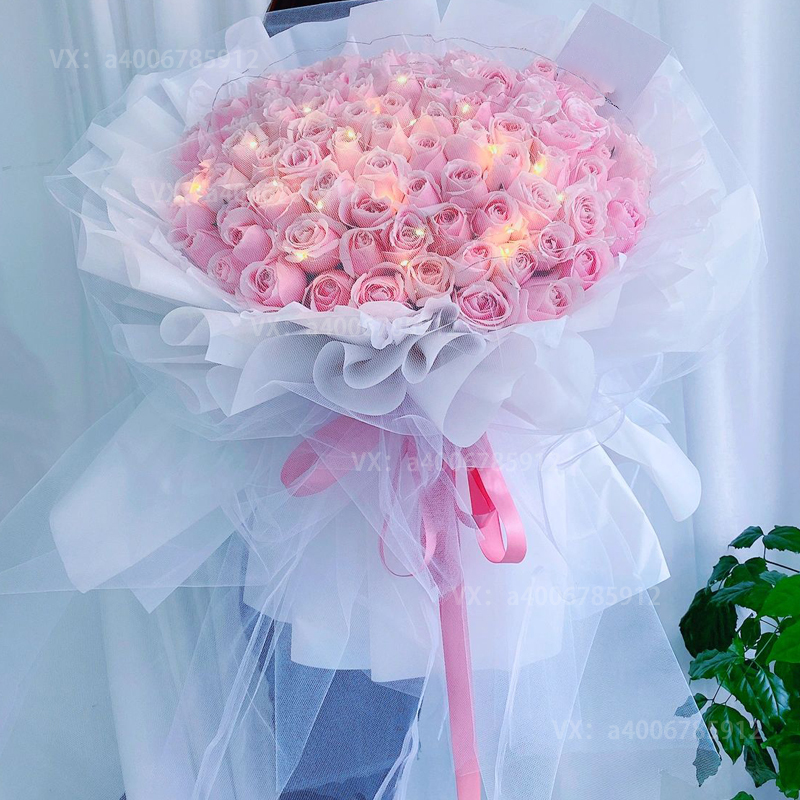 粉玫瑰99朵【你如繁花绽放，惊艳我的时光】送女友生日礼物表白鲜花大花束花店送灯
