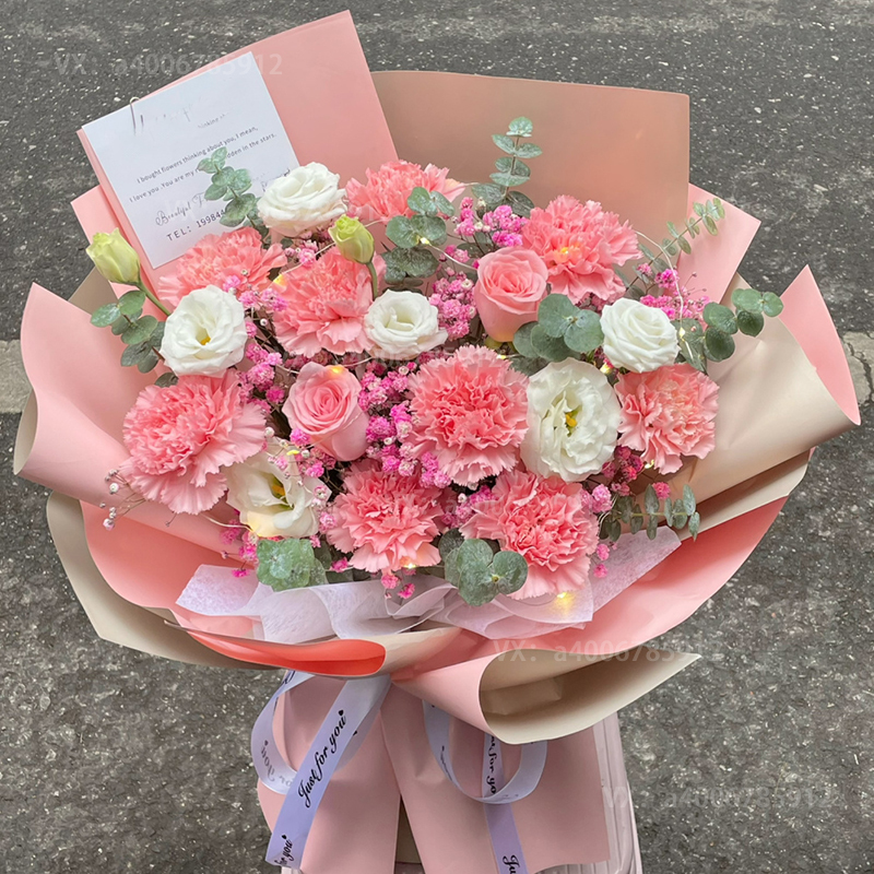 【幸福祝愿】生日花束送长辈花店送花上门9朵粉色康乃馨2朵粉玫瑰混搭花束送妈妈送老师母亲节