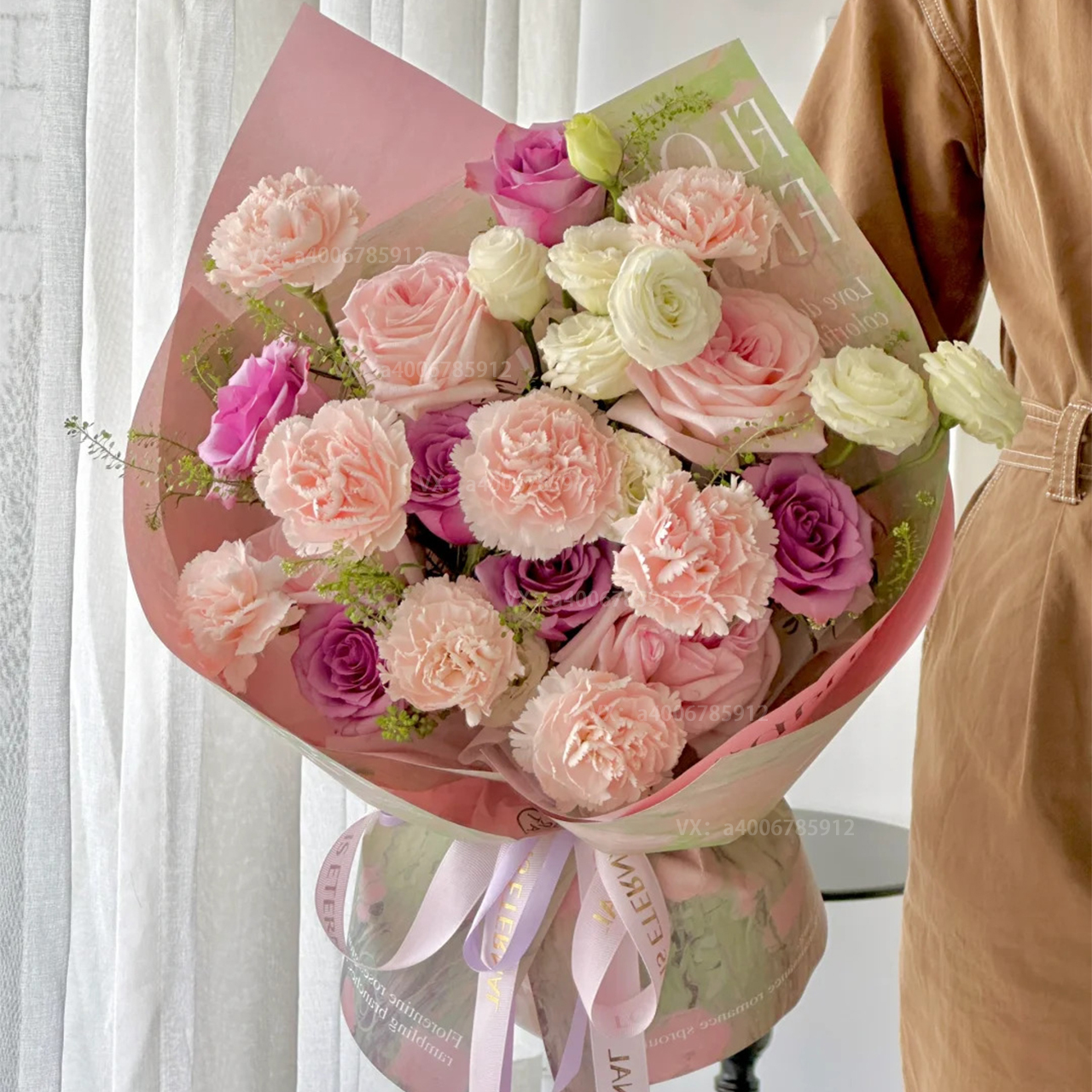 【方寸月光】粉康乃馨紫玫瑰混搭花束1束生日礼物康乃馨花束生日鲜花送妈妈送老师花店送花上门