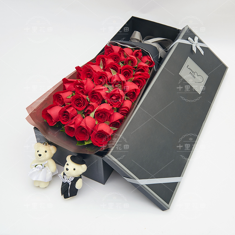 【热恋红玫瑰】33朵满满一盒红玫瑰送女友送老婆生日礼物表白鲜花纪念日鲜花花店送花上门送小熊