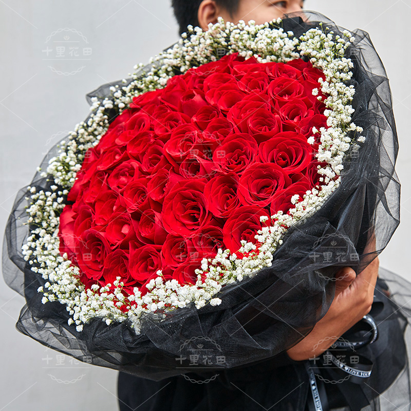 红玫瑰99朵【爱你是不变的承诺】大花束送女友生日鲜花黑色仙女纱表白鲜花店送花上门情人节鲜花