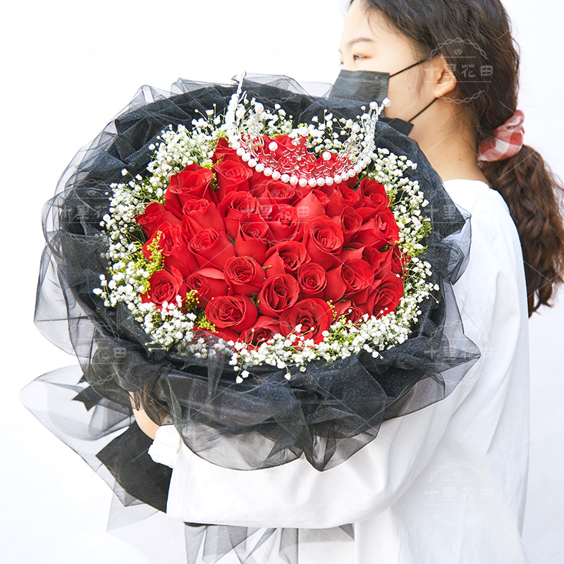 红玫瑰36朵【炙热】仙女纱款红玫瑰花束送女友生日礼物表白鲜花送皇冠情人节鲜花店送花上门