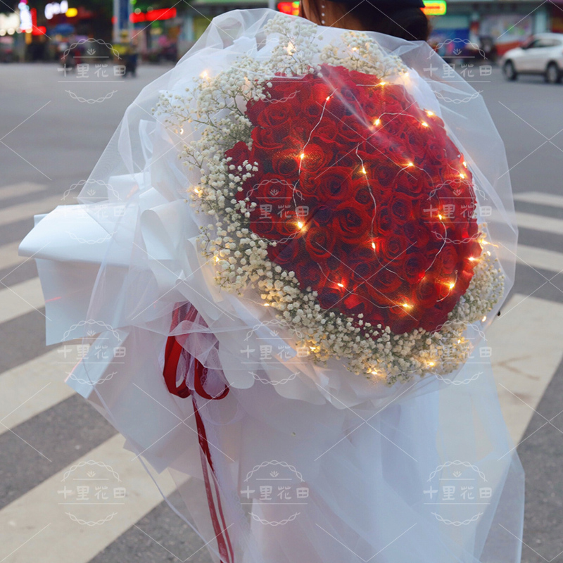 仙女纱99朵【和你一起~长久且美好】红玫瑰花束送女友生日礼物表白鲜花送串灯花店送花上门