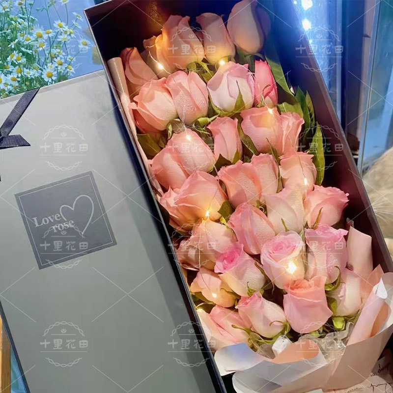 【奔赴温柔】33朵粉玫瑰长礼盒送灯惊喜礼物玫瑰之约生日鲜花网红款送花生日快乐花店送花上门