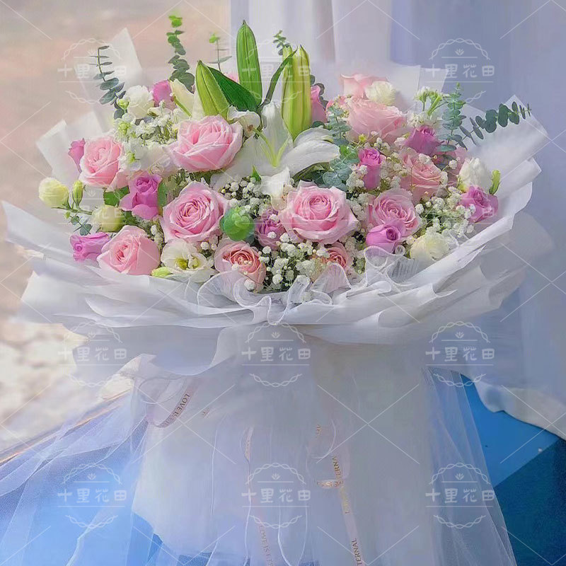 【仙女湖】玫瑰21朵百合4朵混搭花束送女友生日礼物送闺蜜生日鲜花女领导生日鲜花店送花上门