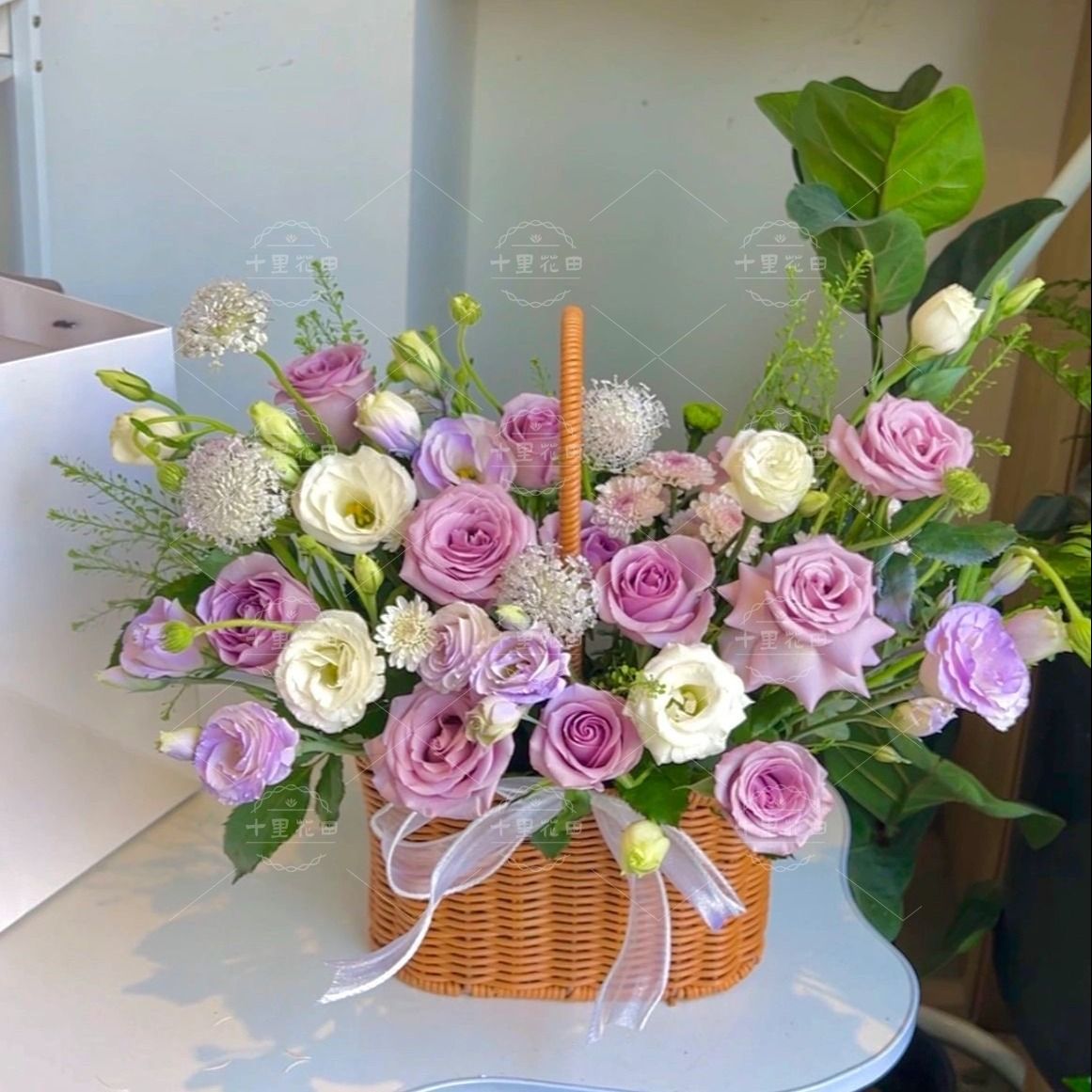 【浪漫的收藏家】紫玫瑰搭配桔梗手提花篮送长辈送朋友生日鲜花生日礼物花店送花上门