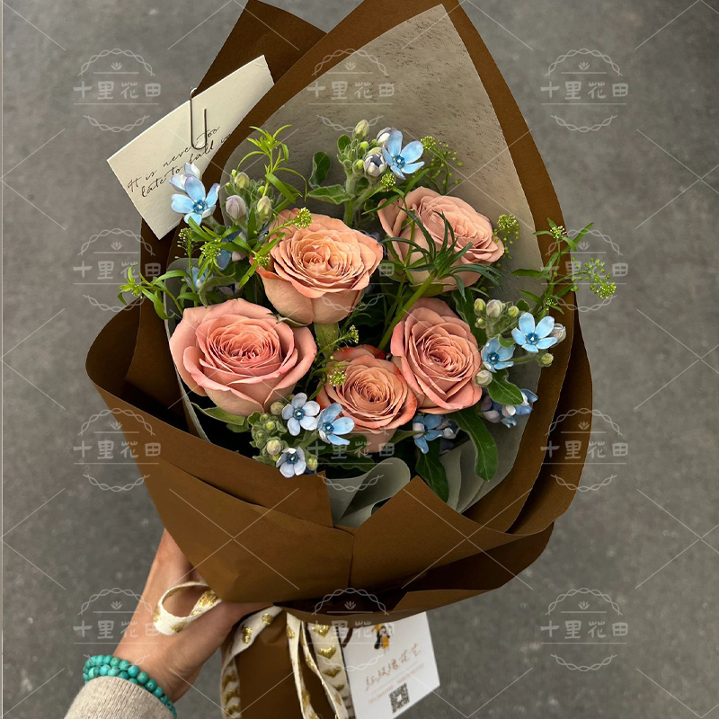 【听闻远方有你】生日鲜花6朵卡布奇诺玫瑰复古色花束混搭生日礼物花店送花上门送女友送闺蜜