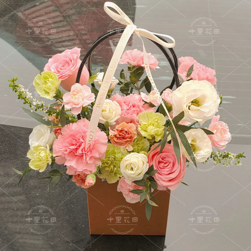 【岁月欢喜】3朵粉玫瑰5朵粉康乃馨混搭手提礼袋手提花篮送妈妈送老师生日礼物花店送花上门