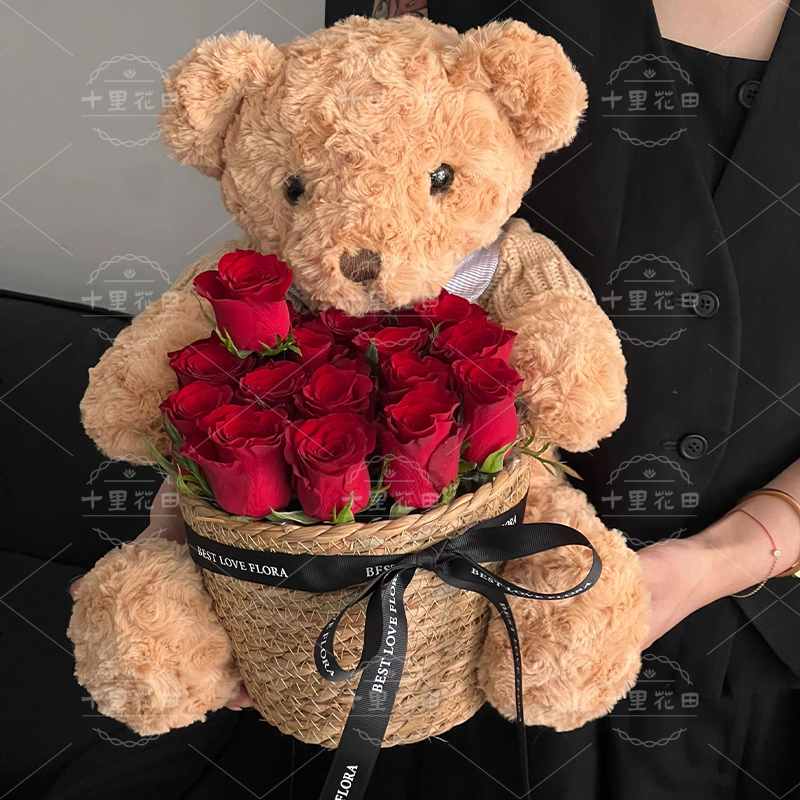 【捧爱见你】花店鲜花配送红玫瑰19枝泰迪熊抱抱花玩偶花束送女友送闺蜜温暖秋色花束