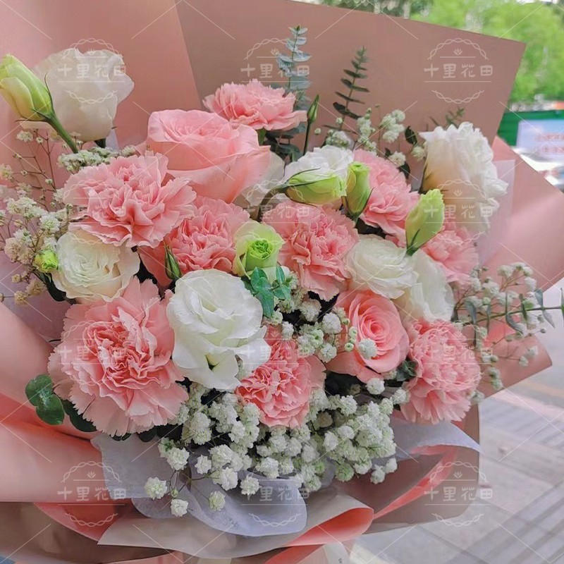 【拥抱青春】9朵粉康乃馨2朵粉玫瑰送妈妈送老师送长辈生日礼物生日花祝寿鲜花花店送花上门