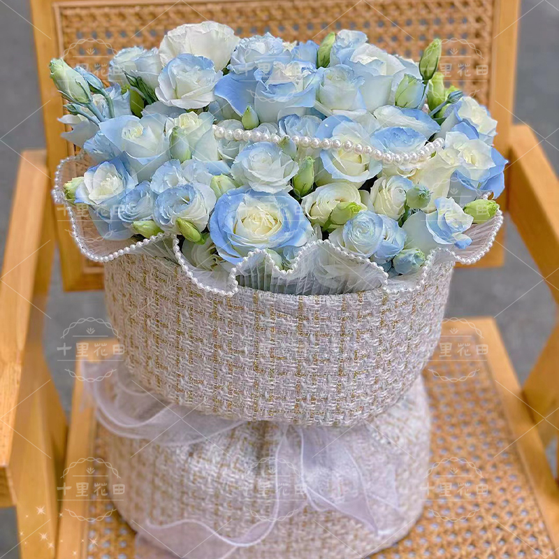 生日鲜花【喜欢你的喜欢】花店送花上门小香风花束11朵碎冰蓝玫瑰混搭洋桔梗花束生日礼物